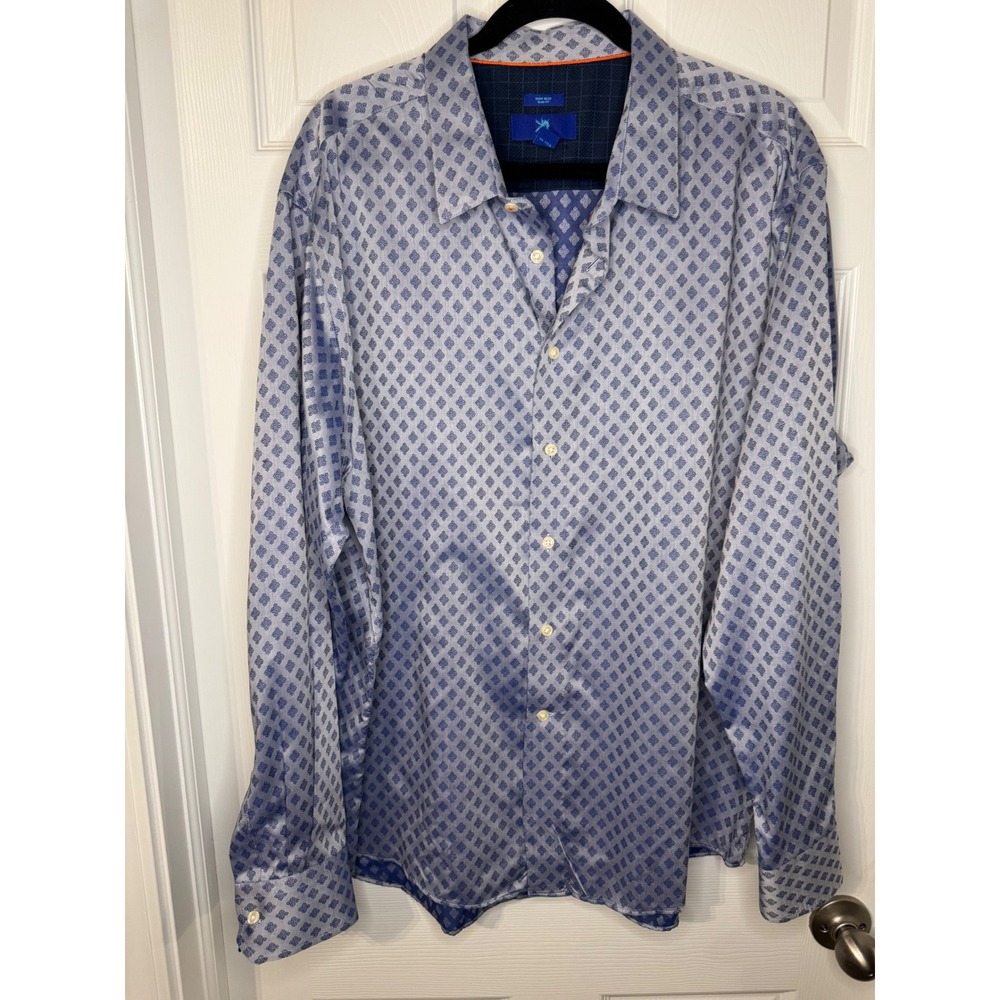 Egara Mens XXL Slim Fit Non-Iron Cotton Button Down Shirt Blue Geometric Diamond